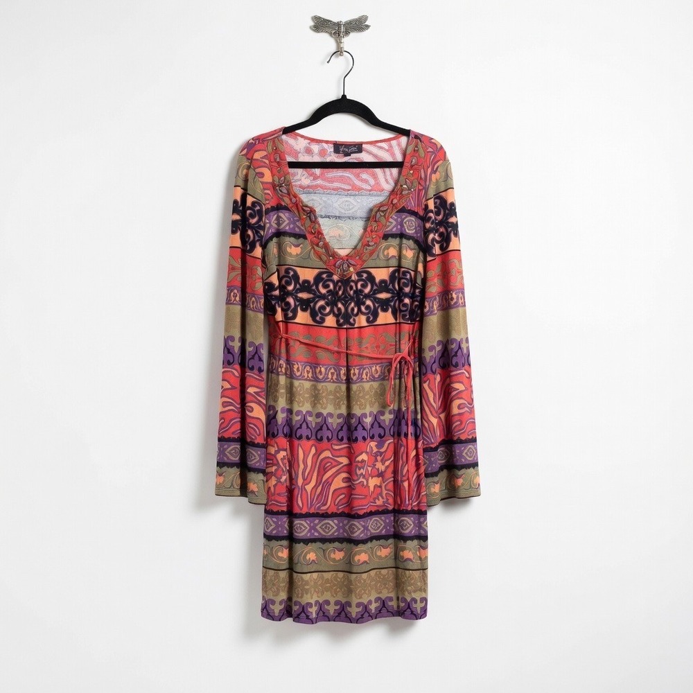 Hale Bob Boho Embellished V-Neck Bell Sleeve Mini Dress Orange Purple Large